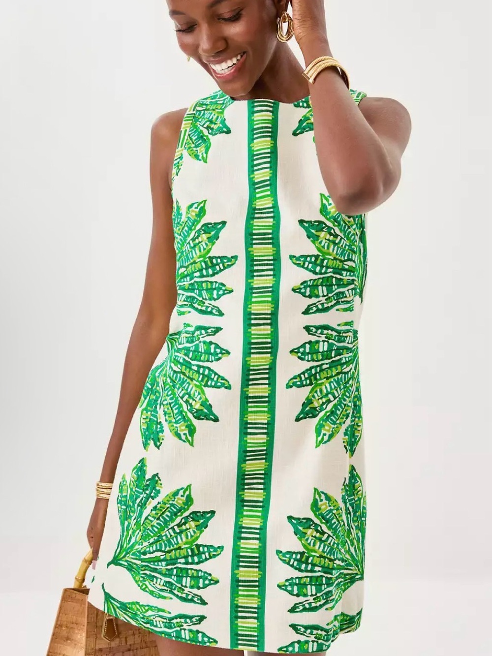 Devyn Stretch Shift Dress White & Green Print